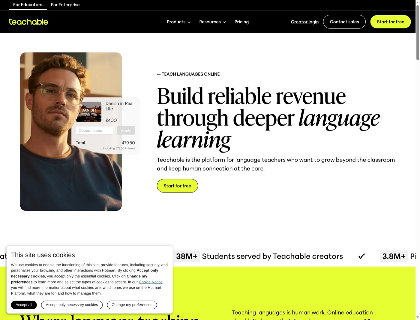 Desktop overview of the Teachable language-teaching destination