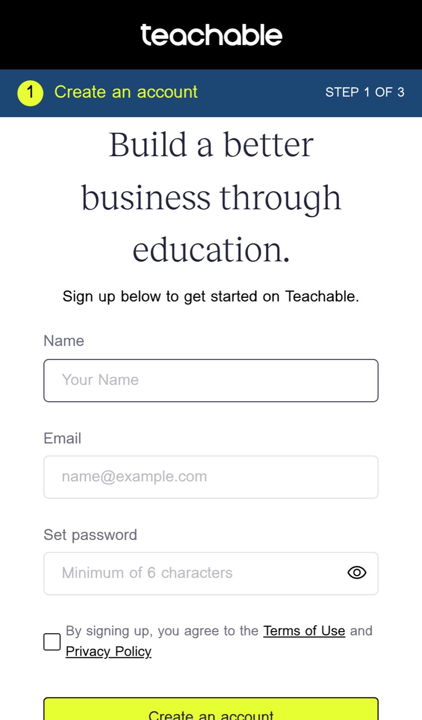 Teachable account creation step
